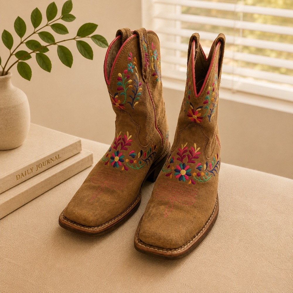 Ariat Cowboy‎ Boots Suede Leather Floral Embroidered Western Square Toe Kids